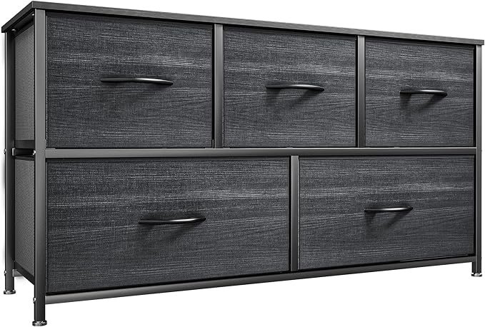 Wide Storage Tower with 5 Drawers - Fabric Dresser, Organizer Unit for Bedroom