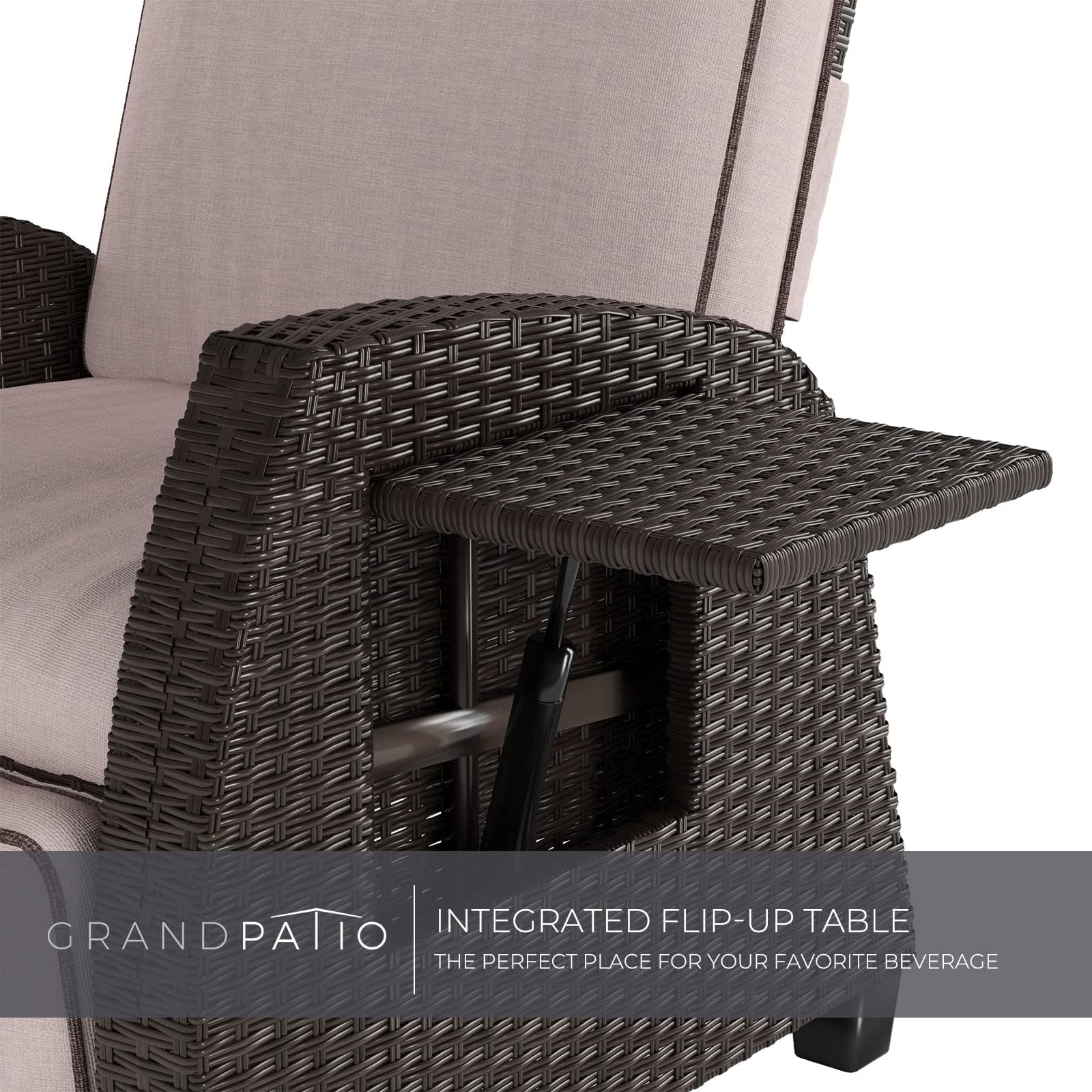 Moor Wicker Patio Recliner Chair – Built-In Table, Cushions & Linked Footrest Motion