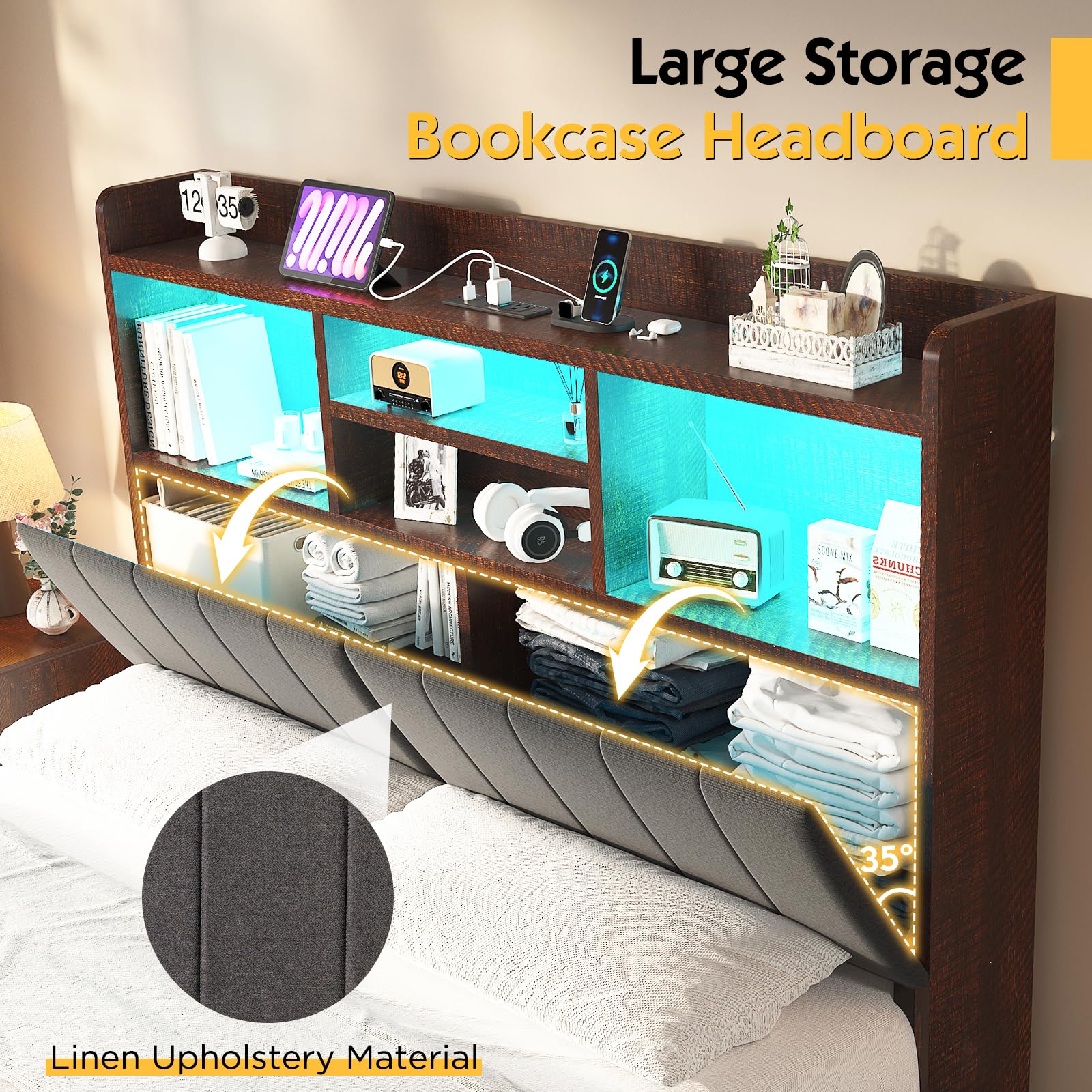 LUXOAK King Farmhouse Bed Frame with Bookcase Headboard and 4 Drawers, LED Storage Bed with Charging Station & Linen Upholstered, No Box Spring Needed, Reclaimed Barnwood