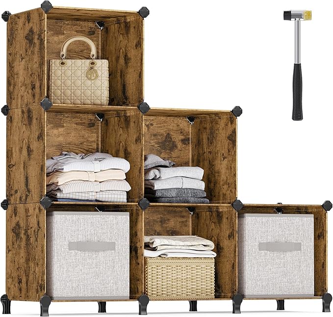 6 Cube Storage Organizer, DIY Closet Shelf, Plastic Clothes Organizer, Modular Bookcase, 11.8 x 11.8 x 11.8 Inch Cubes, with Feet and Rubber Mallet, Black ULPC06H