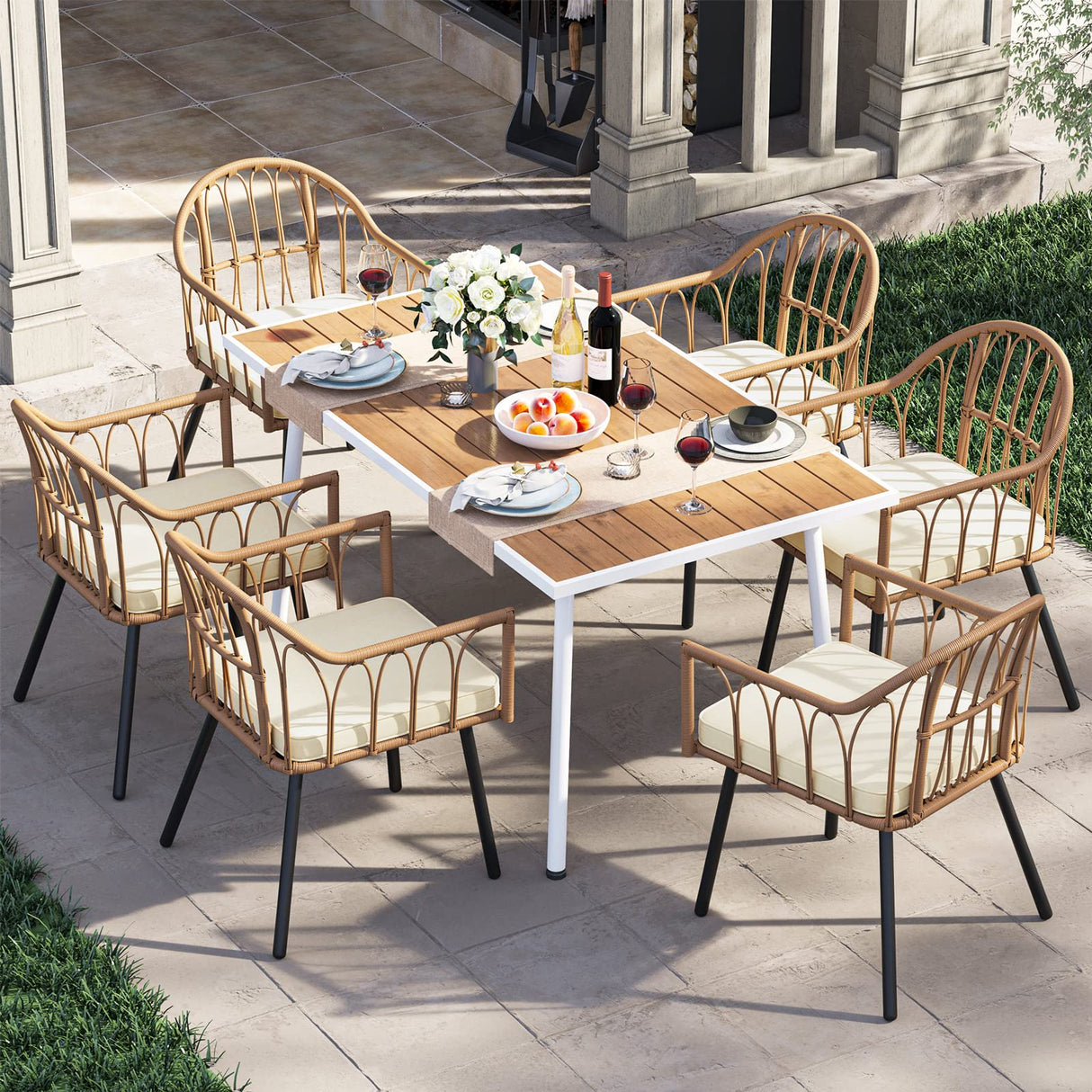 8 Pieces Outdoor Patio Dining Set with Wicker Patio Dining Chair