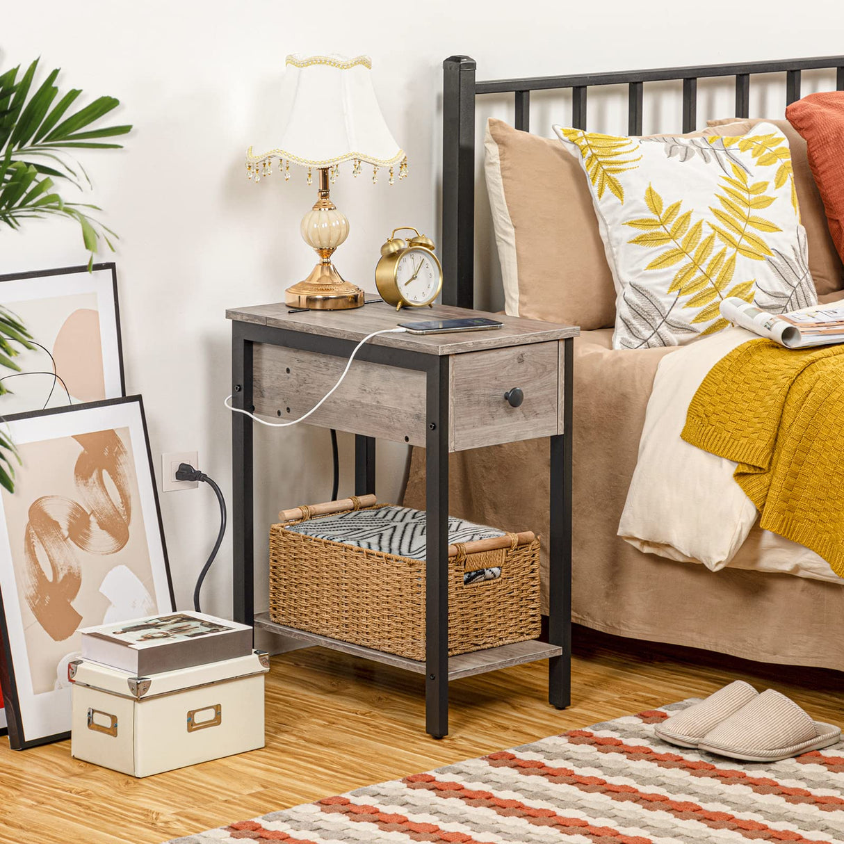 Side Table with Charging Station, Narrow End Table, Small Nightstand, Bedside Tables