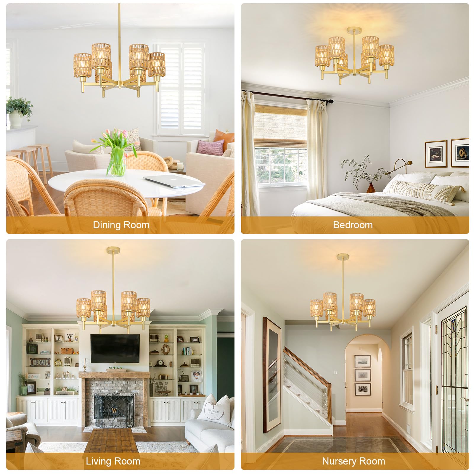 6-Lights Gold Chandelier Light Fixture - Boho Rattan Chandeliers for Dining Room, Farmhouse Kitchen Lighting Fixtures Ceiling, Hanging Pendant lights for Kitchen Island Bedroom Living Room Nursery