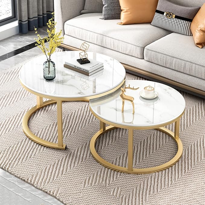 Modern Nesting Coffee Tables Set of 2,Round Center Table with Faux Marble Tabletop