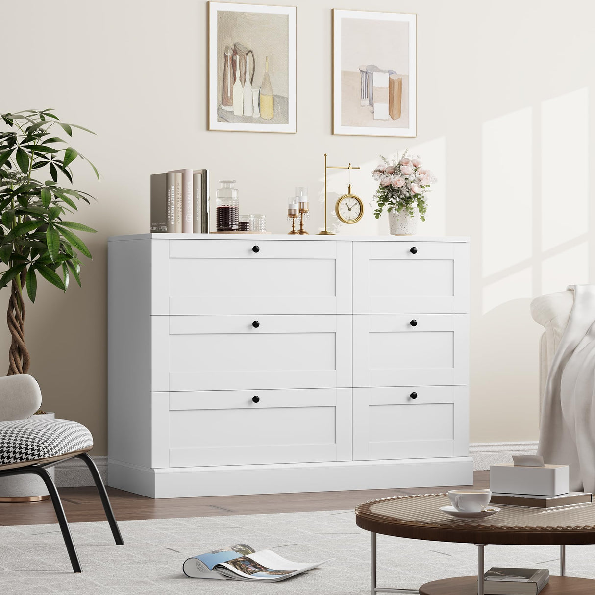 HOSTACK 6 Drawer Dresser, White Dresser for Bedroom, Wood Chest of Drawers, Wide Double Dresser, Modern Drawer Chest for Living Room, Entryway, Hallway, White