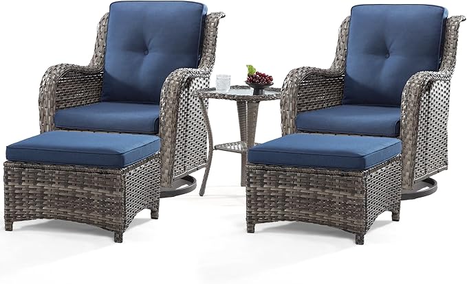 5 Piece Outdoor Patio Furniture Set Wicker Conversation Bistro Set Swivel Rocking Chairs with Side Table and Ottomans for Backyard, Porch, Deck(Mixed Grey/Orange)
