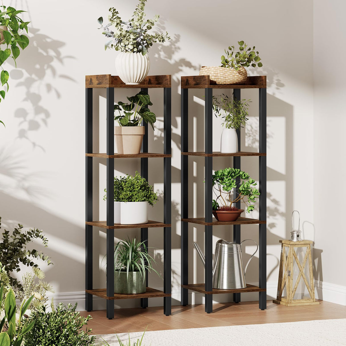 Small Bookcase, Industrial Style Bookshelf for Narrow Spaces, 4-Tier Square Book Shelf Stand, Wooden Storage Rack Display Shelf, Corner Shelf for Living Room, Rustic Brown and Black BF08CJ01