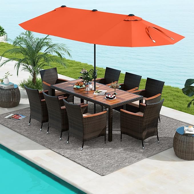 10 Piece Patio Rattan Dining Set with 15Ft Double-Sided Umbrella