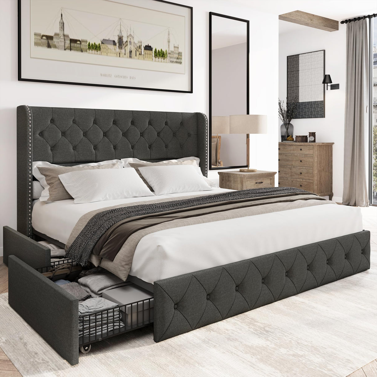 Bed Frame King Size Upholstered Platform Bed with Storage Drawers