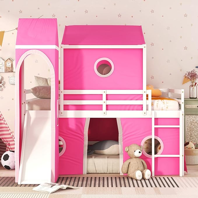 Twin Size Low Loft Bed with Slide & Curtains and Tower, Solid Wood Loft Bed Frame with Tent, Twin Over