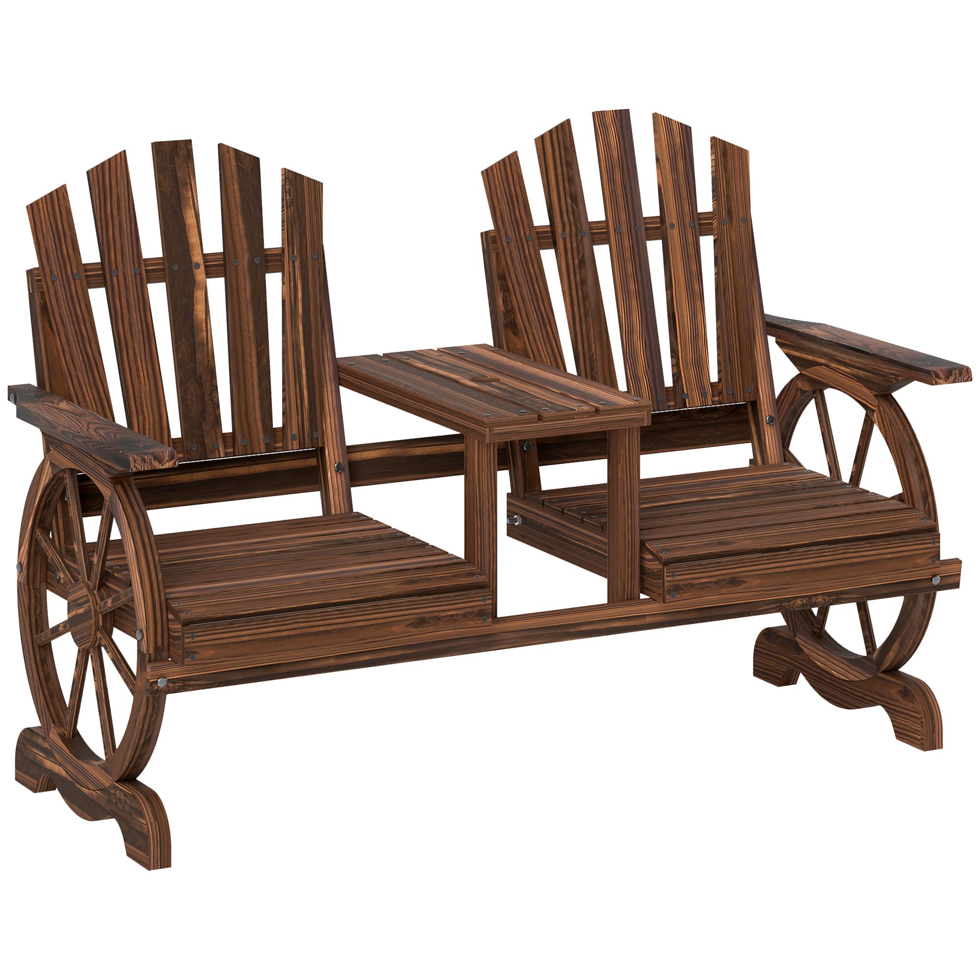 Wooden Garden Bench with Table, Umbrella Hole, 2-Seat Wagon Wheel Outdoor Bench