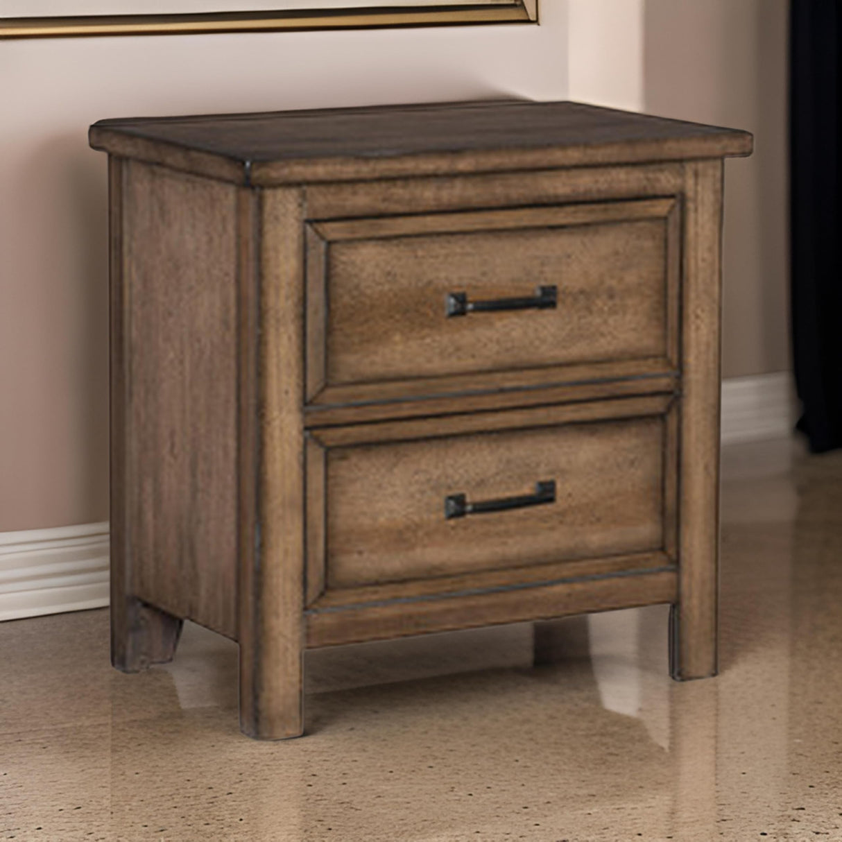 Reva 27 Inch Nightstand, 2 Drawers, Metal, Light Solid Wood