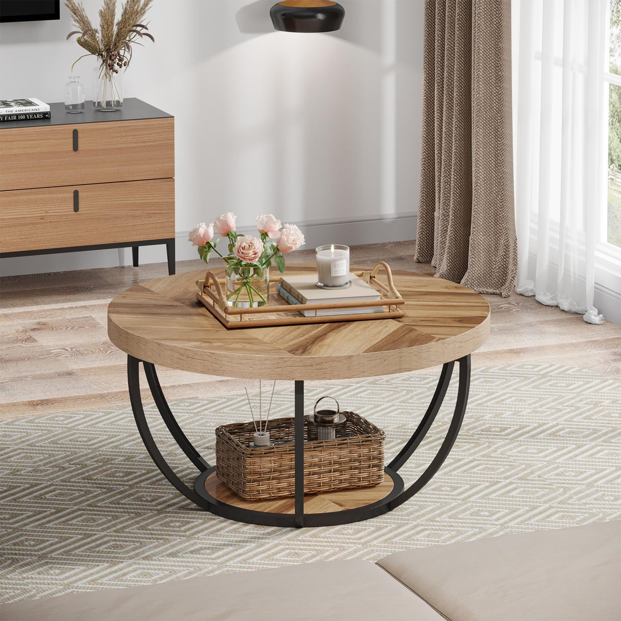31.7" Round Coffee Table, Industrial 2-Tier Circle Coffee Table with Storage Shelves