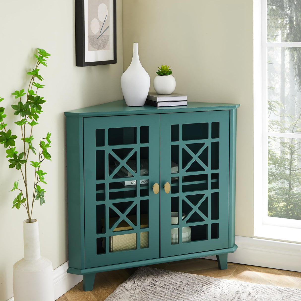 Edison Ronne 32 Inch 2 Door Corner Accent Table with Fretwork Detail - Dark Teal