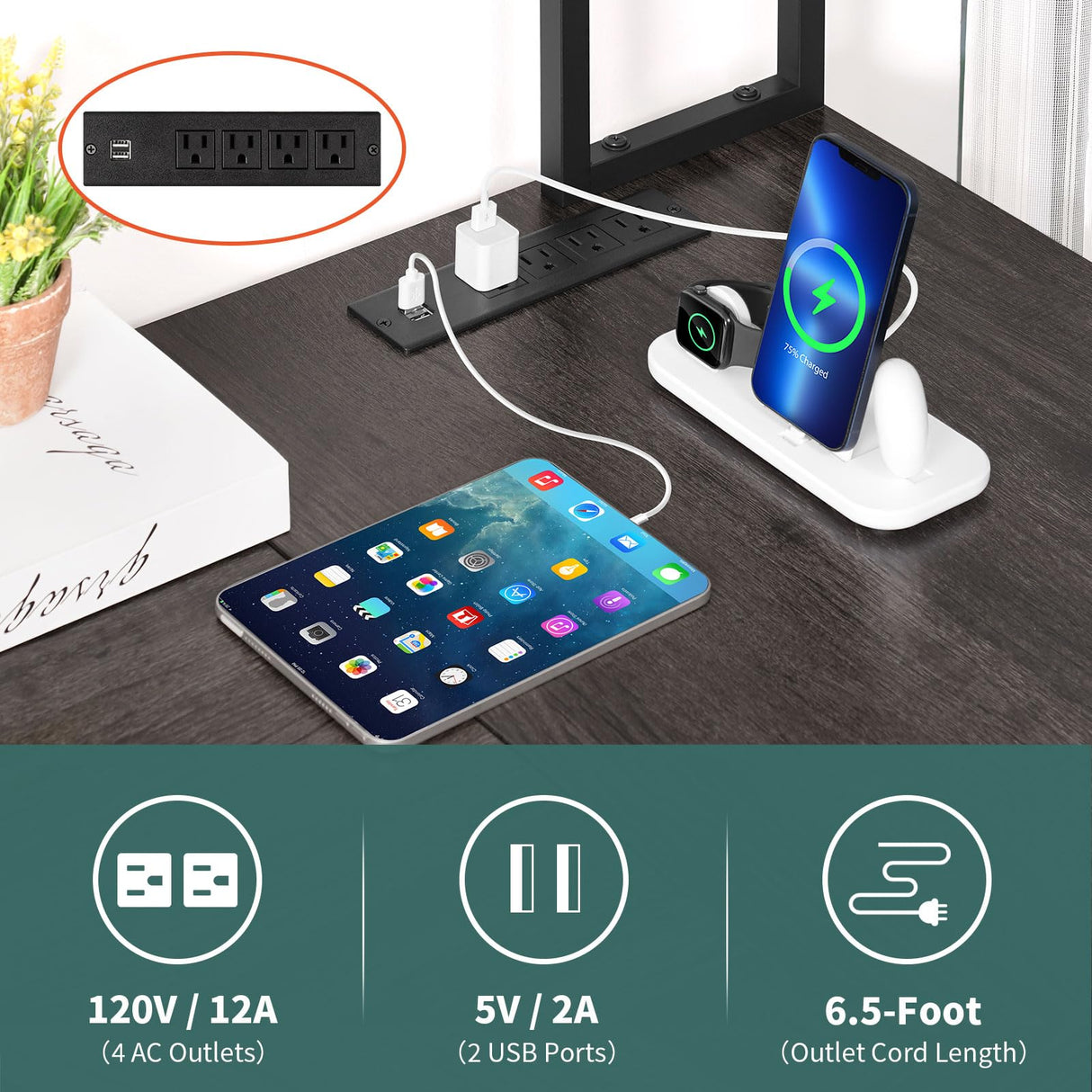 Shaped Desk Gaming Desk with LED Strip & Power Outlet, Reversible L-Shaped Computer