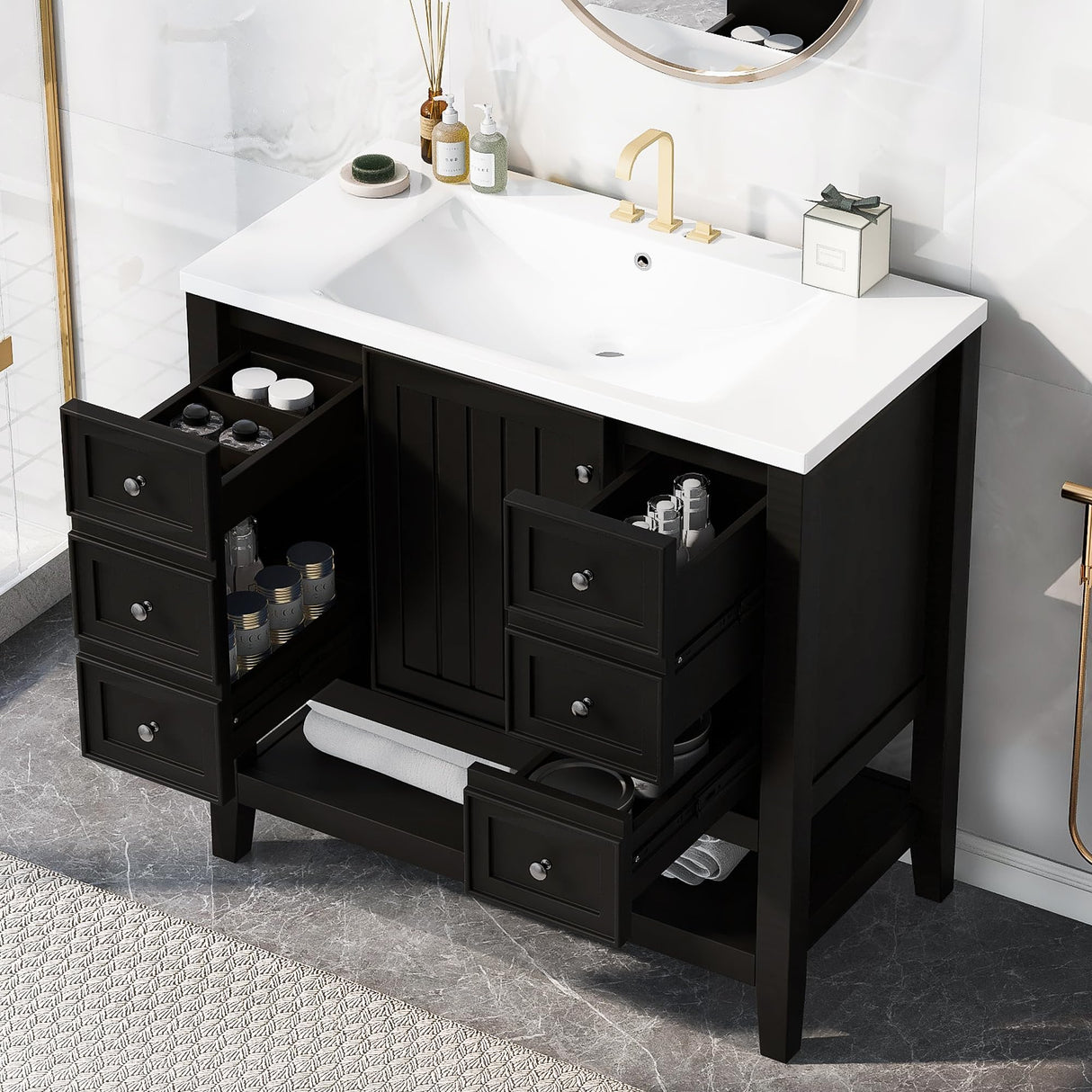 36" Vanity Bathroom Cabinet with Sink Top, Three Multi-Functional Drawers