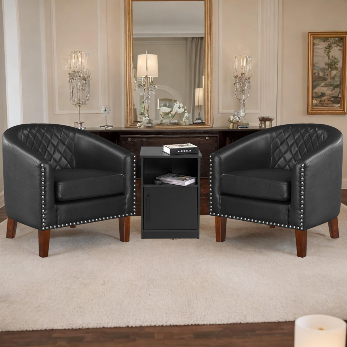 Comfy Barrel Accent Chair - Faux Leather Living Room Chair Club Chair with Cushion