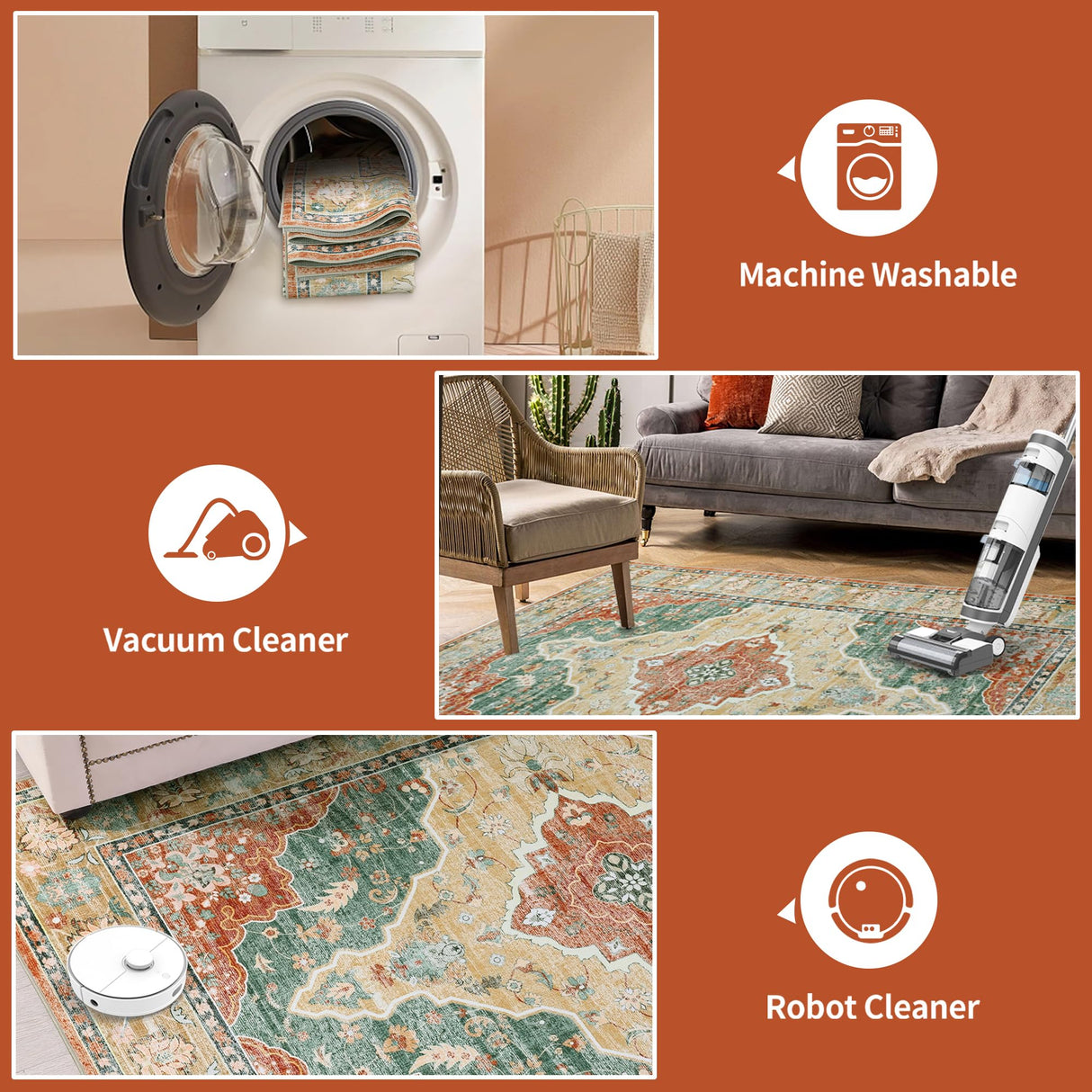 10x14 Vintage Area Rug - Large Boho Carpet with Non-Slip Backing