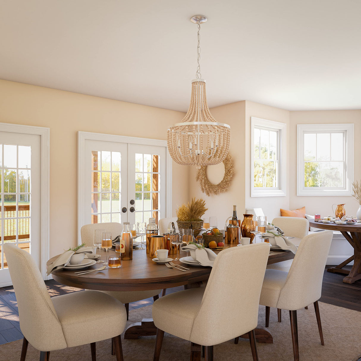 93132BS Dumas 5 Light Wood Bead Chandelier with White Finish, Casual Style, 32" Height