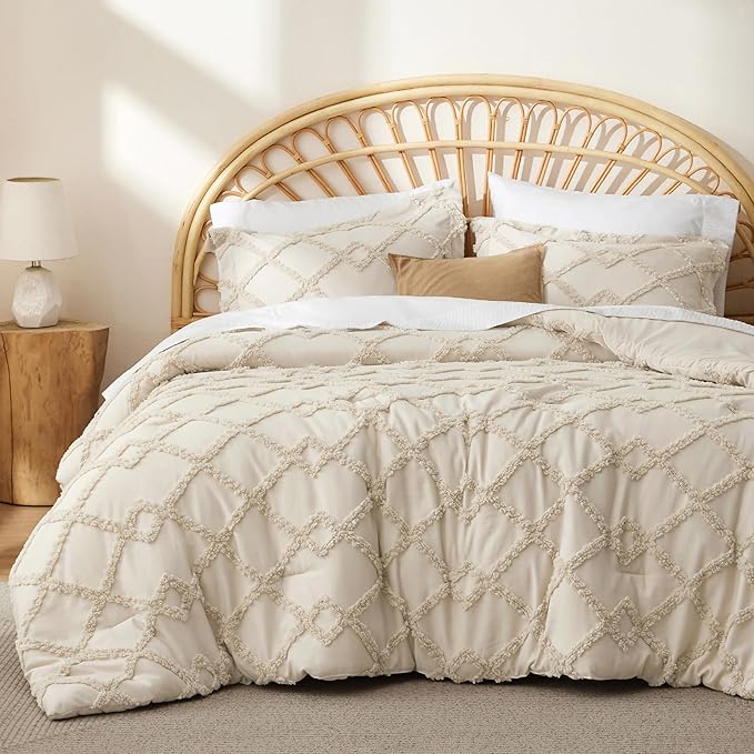 Boho Comforter Set Queen - White Tufted Bedding Comforter Set