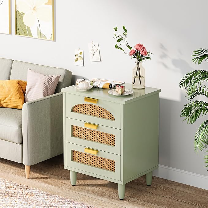 Mint Green Nightstand, 3-Drawer Rattan Night Stand Side Table, Accent Bedside Tables