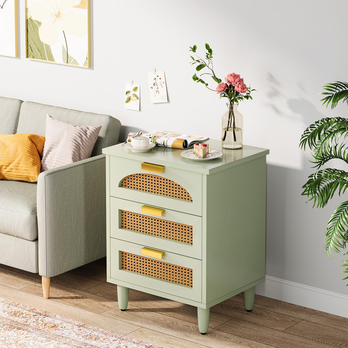 Mint Green Nightstand, 3-Drawer Rattan Night Stand Side Table, Accent Bedside Tables
