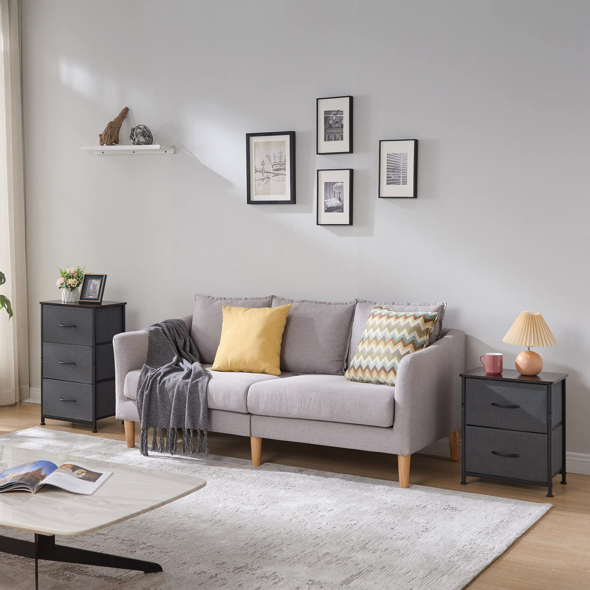 Nightstand with 2 Drawers, Bedside Table Small Dresser with Removable Fabric Bins