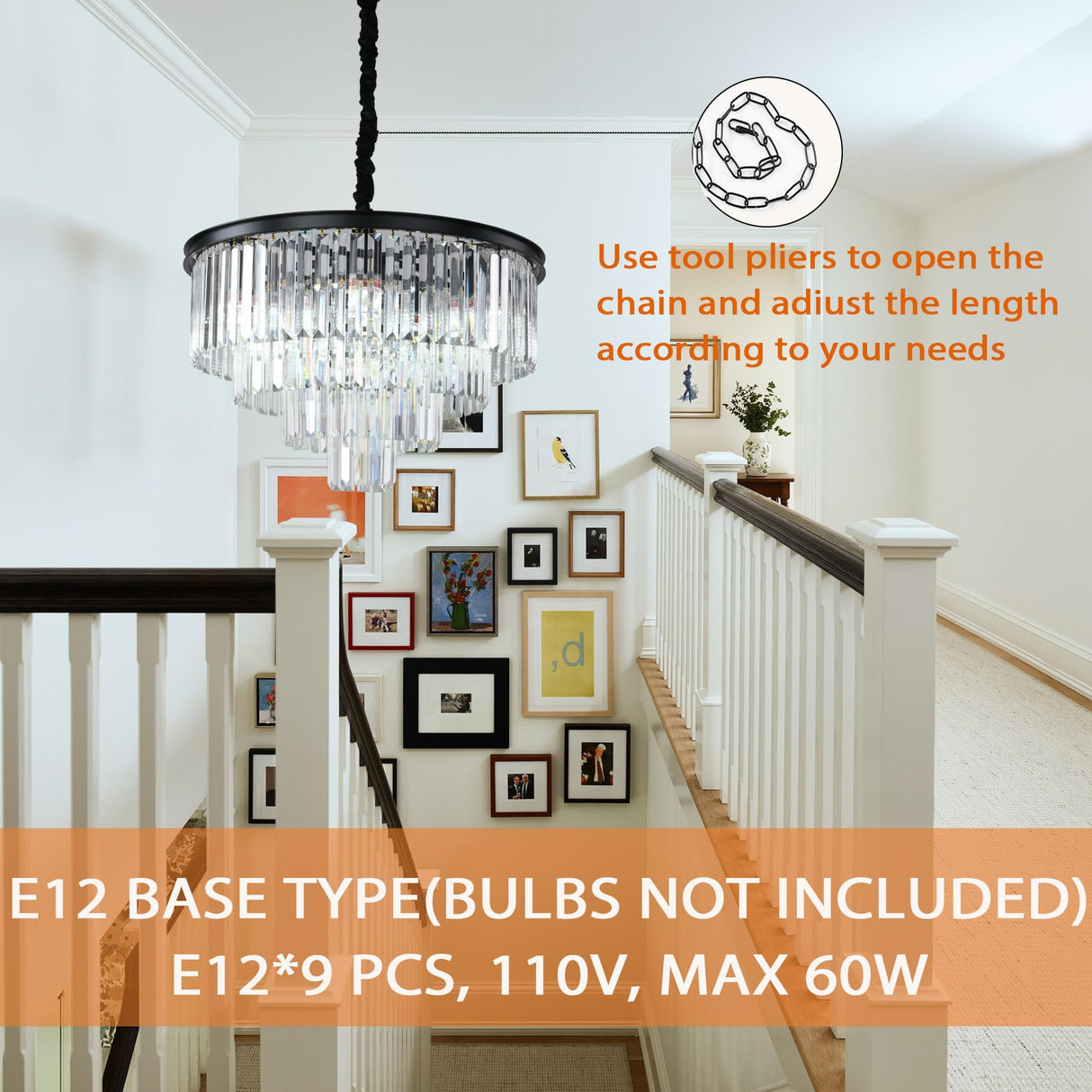 ELGOBST Black Modern Crystal Chandelier Lighting K9 Crystal Round Chandelier Hanging Ceiling Light Fixture 4-Tier Contemporary Crystal Pendant Light for Dining Room Living Room Bedroom 23.6inch