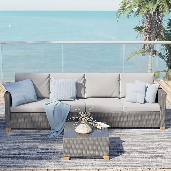 6 Seats Outdoor Conversation Sets with Olefin Cushions, Wicker Modular Sofa Sets with Coffee Table for Backyard Garden Poolside Light Gray