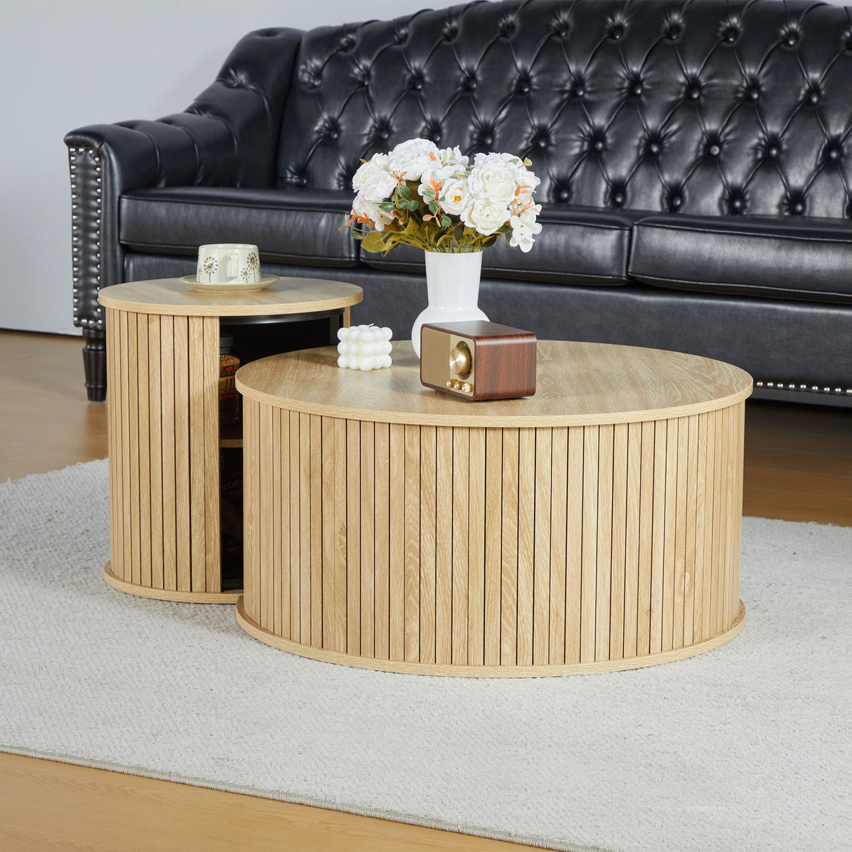 Coffee Table,Nesting Coffee Table Set of 2, Circle Side Table, Round Wooden Coffee Table