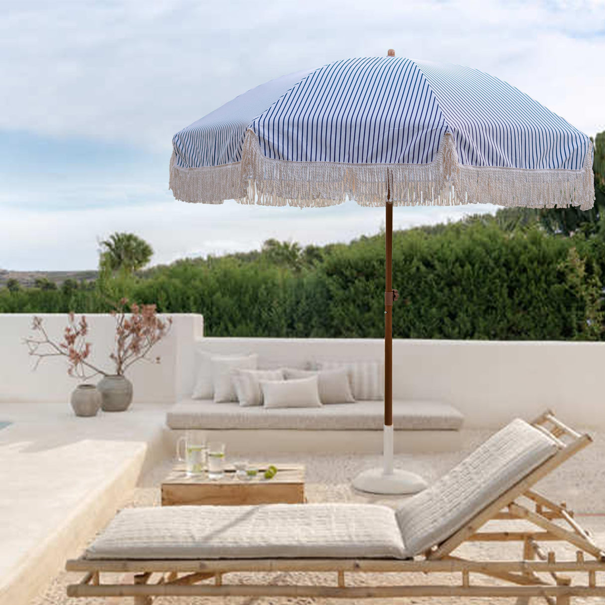 7ft Patio Umbrella with Fringe Outdoor Tassel Umbrella UPF50+ Premium Steel