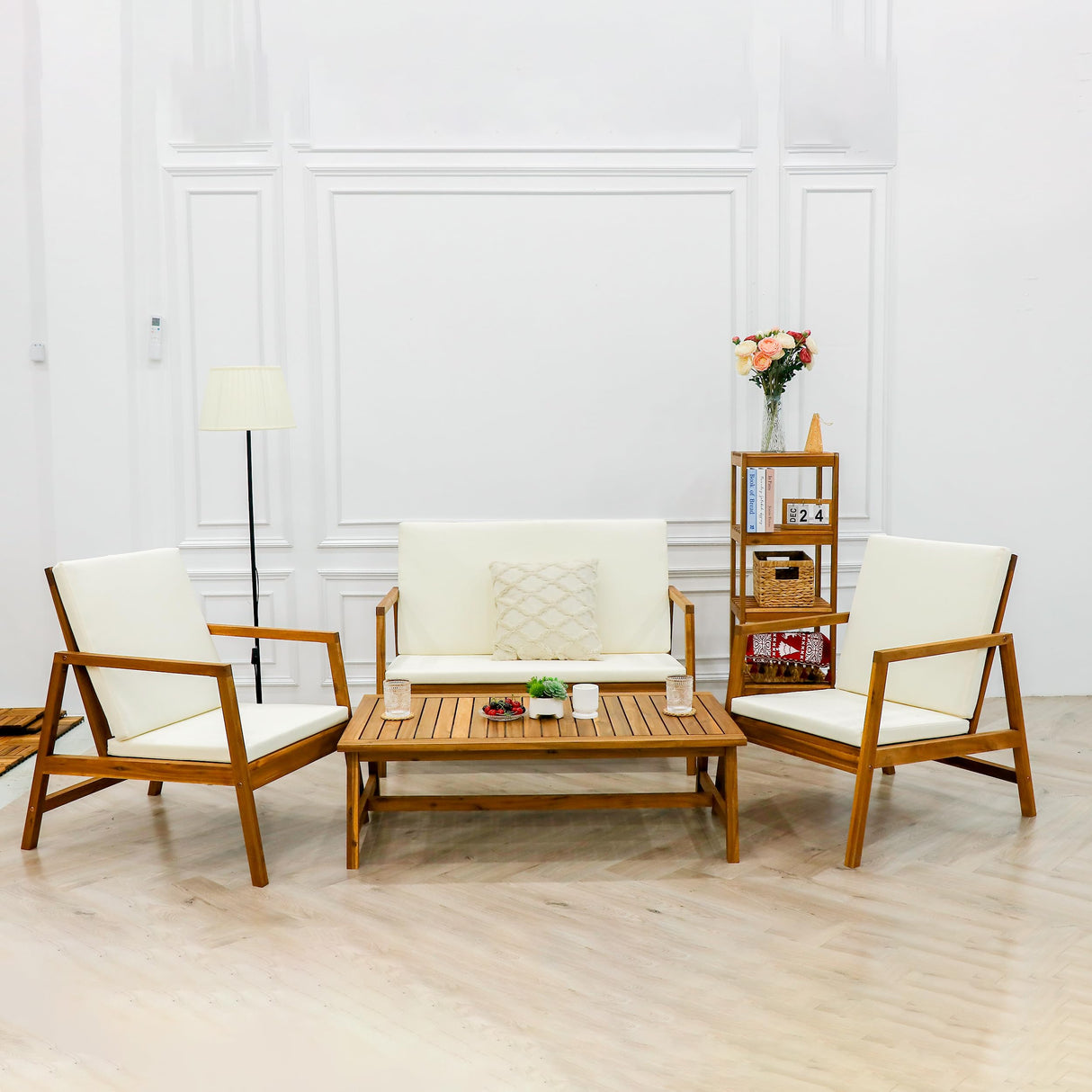 4 Piece Patio Furniture Set, Acacia Wood Sofa, Conversation