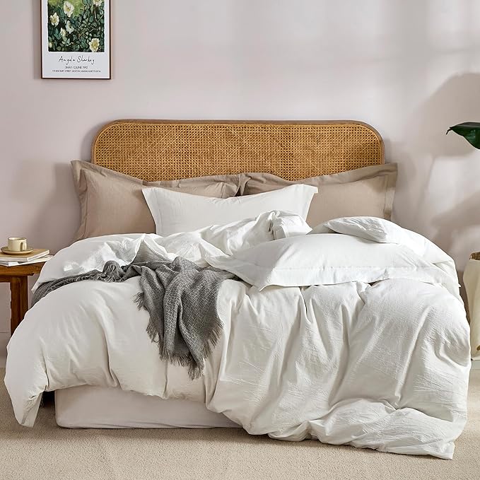 100% Washed Cotton 3 Pieces Blue Duvet Cover Queen Size - Linen Like Textured Breathable Comforter Cover with Pillow Shams (Blue, 90"x90")