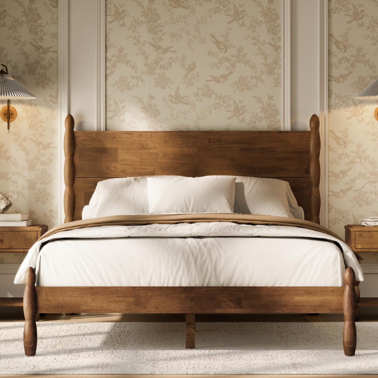 Queen Size Solid Wood Spindle Bed Frame with Four Posts - Walnut Finish