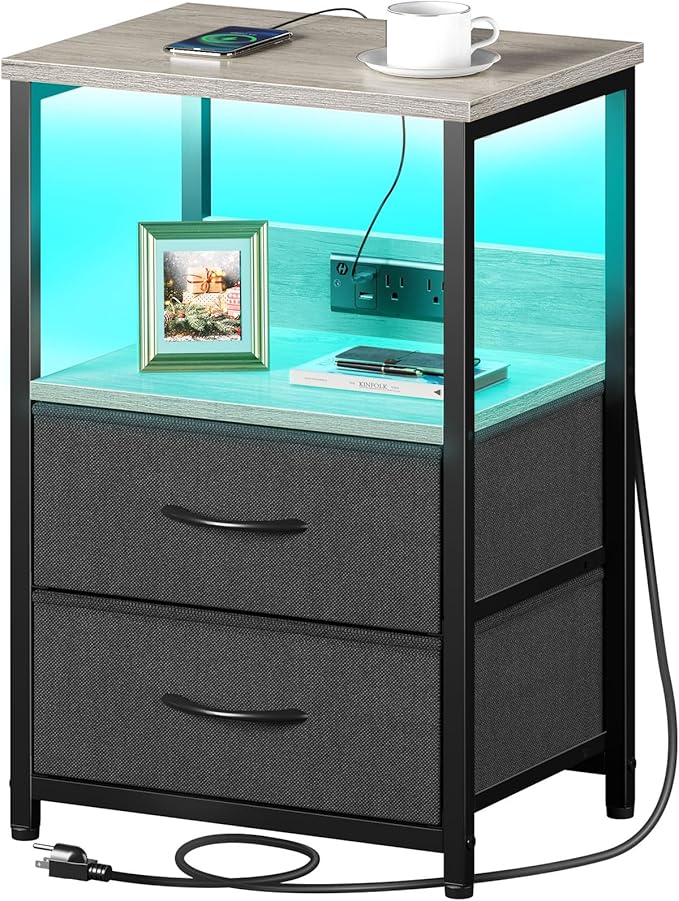 Nightstand Set of 1/2 with Charging Station, Bedside Table with LED Lights