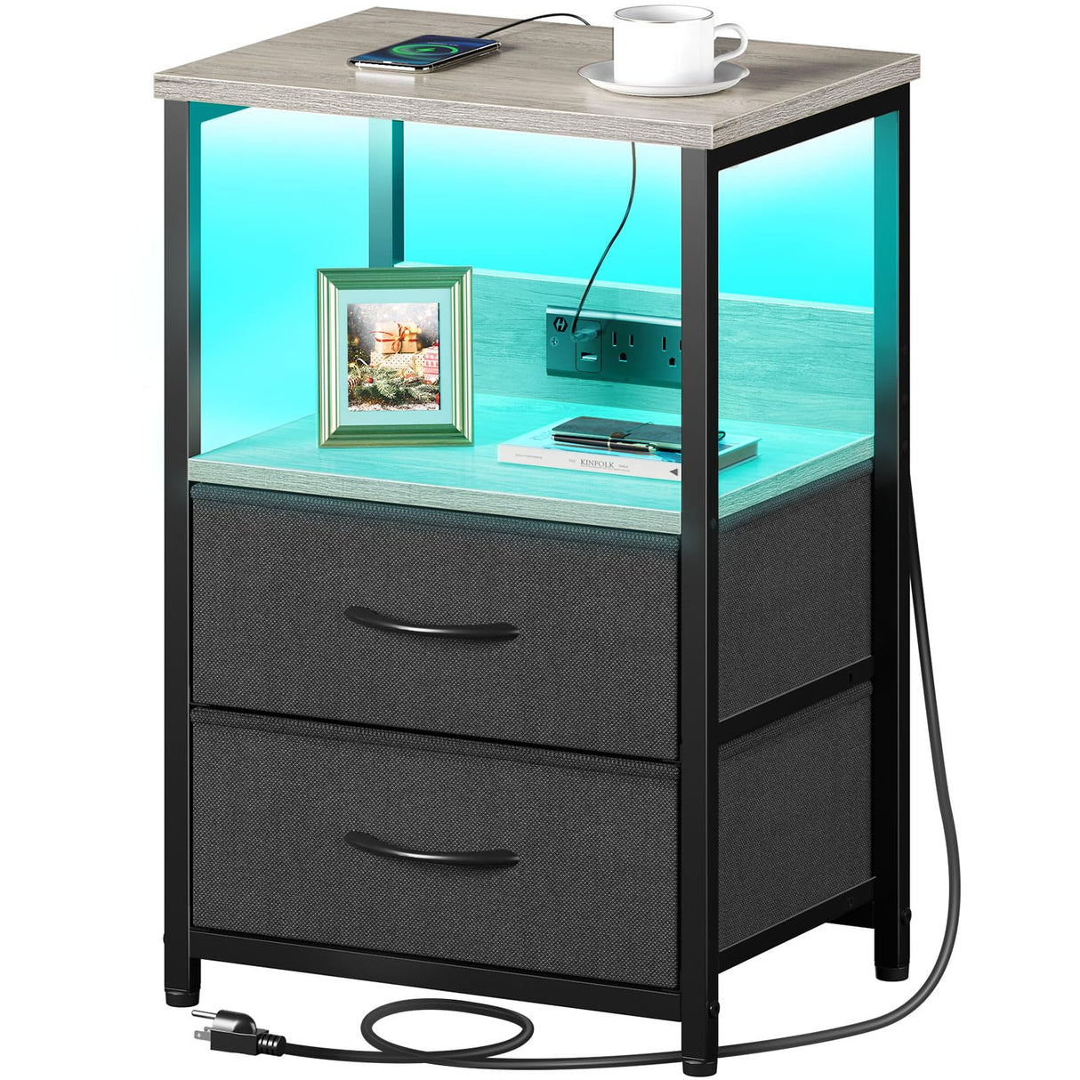 Nightstand Set of 1/2 with Charging Station, Bedside Table with LED Lights