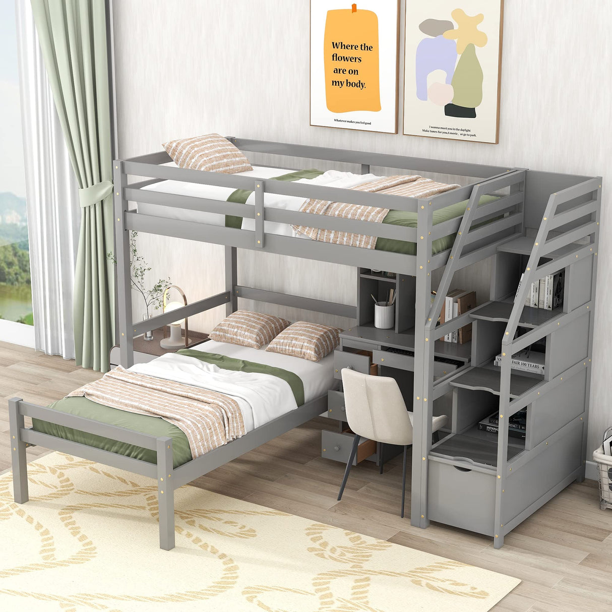 Twin Over Twin Bunk Bed with Stairs and Desk