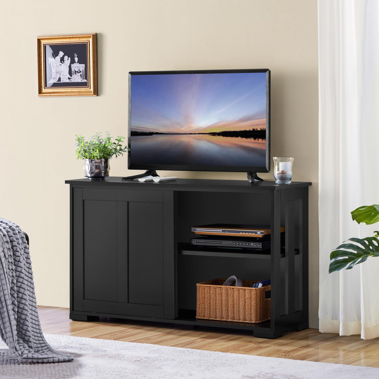 TV Stand, Wooden Storage Console Table with Sliding Door and Adjustable Shelf