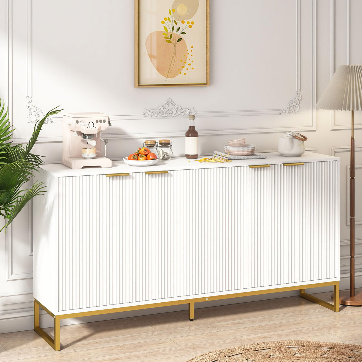Fluted Accent Cabinet, Kitchen Sideboard Buffet Cabinet with 4 Fluted Doors
