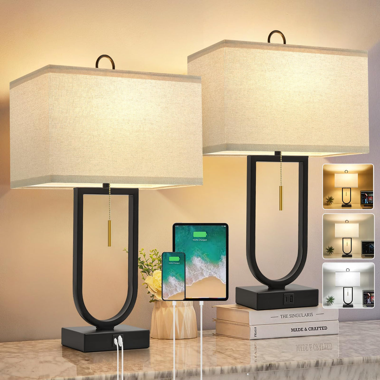 24" Table Lamps Set of 2 with USB Ports & Adjustable Color Temperature
