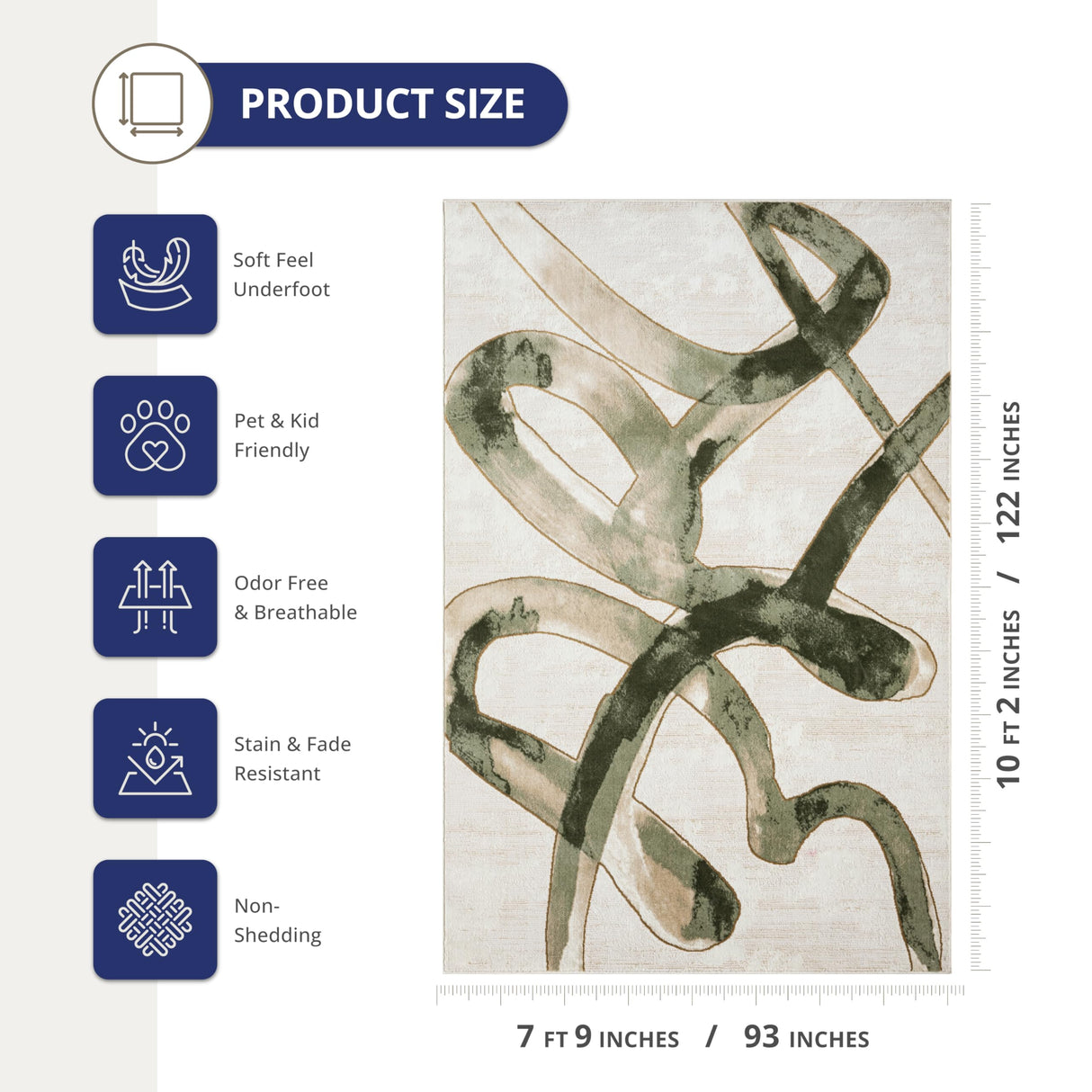 Beige Cream Green Graffiti Washable Area Rug 8' x 10' - Abstract Artistic Design