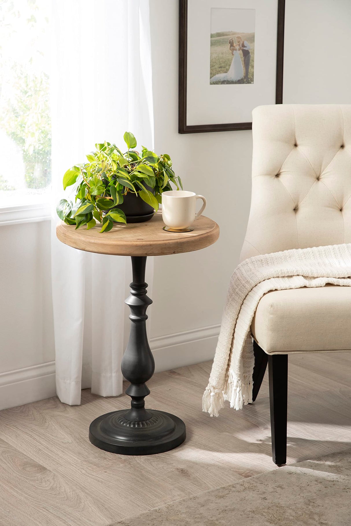 Wixley Round Wood and Metal Side Table, 18 x 25, Hazelnut Brown and Charcoal Gray