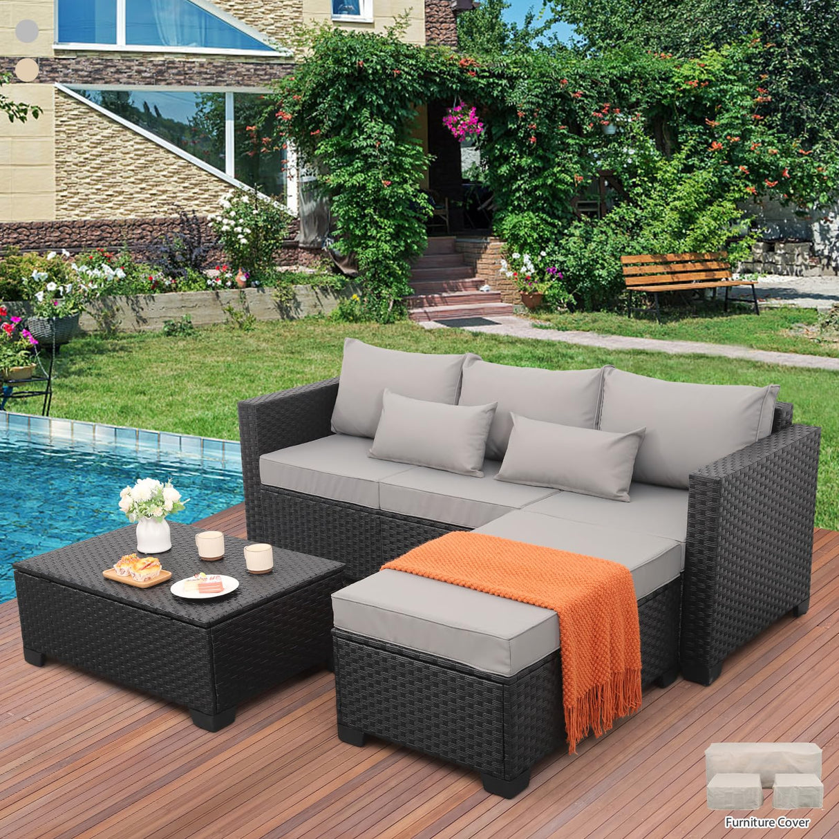 Outdoor Patio Sofa Set PE Wicker Rattan Sectional Conversation Sofa