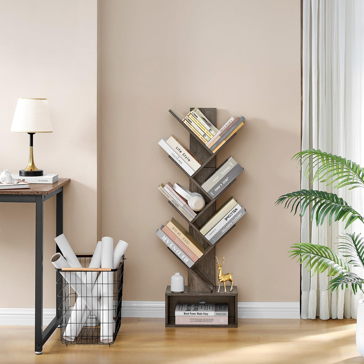 6 Tier Tree Bookshelf, Tall Bookcase with Drawer, Freestanding Book Shelf
