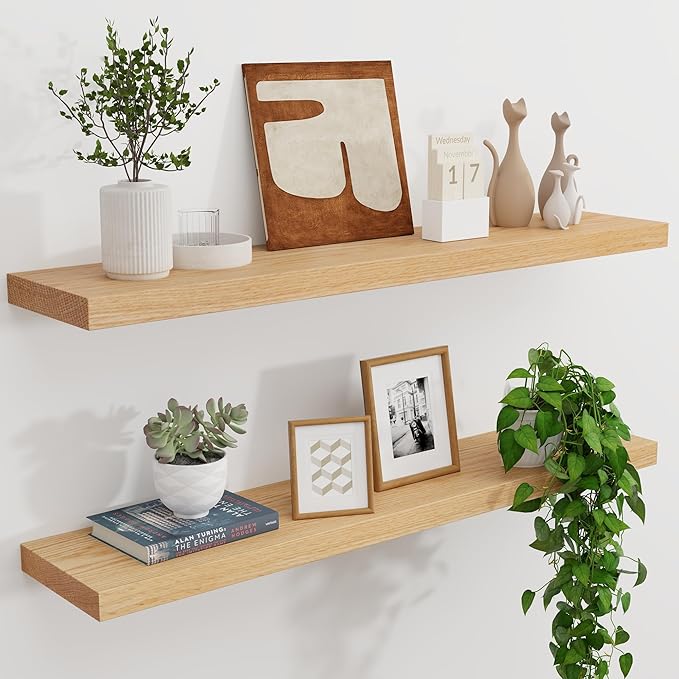 Natural Oak Floating Shelves for Wall, 36" W x 8" D x 1.2" H Wall Mounted Rustic Wooden
