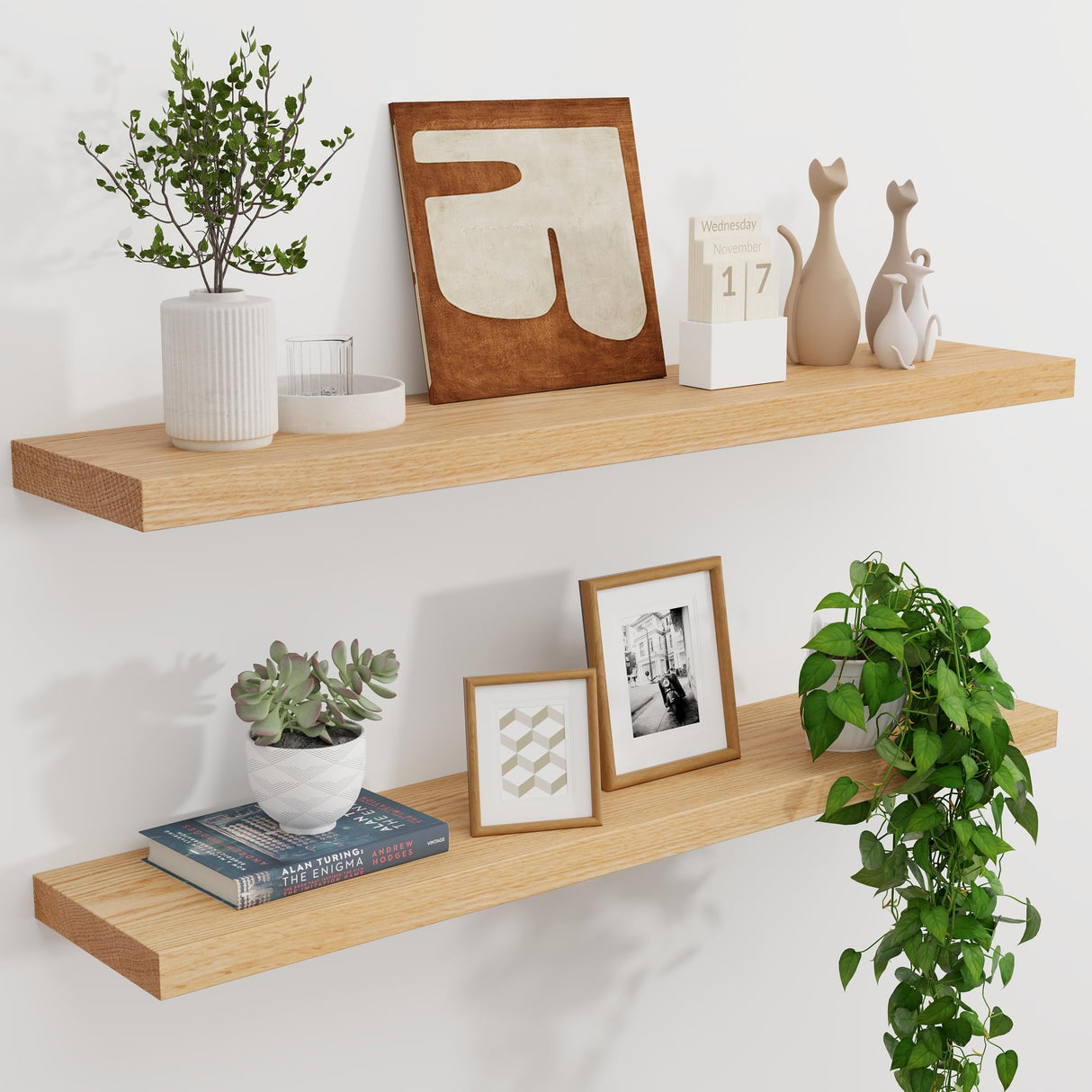 Natural Oak Floating Shelves for Wall, 36" W x 8" D x 1.2" H Wall Mounted Rustic Wooden