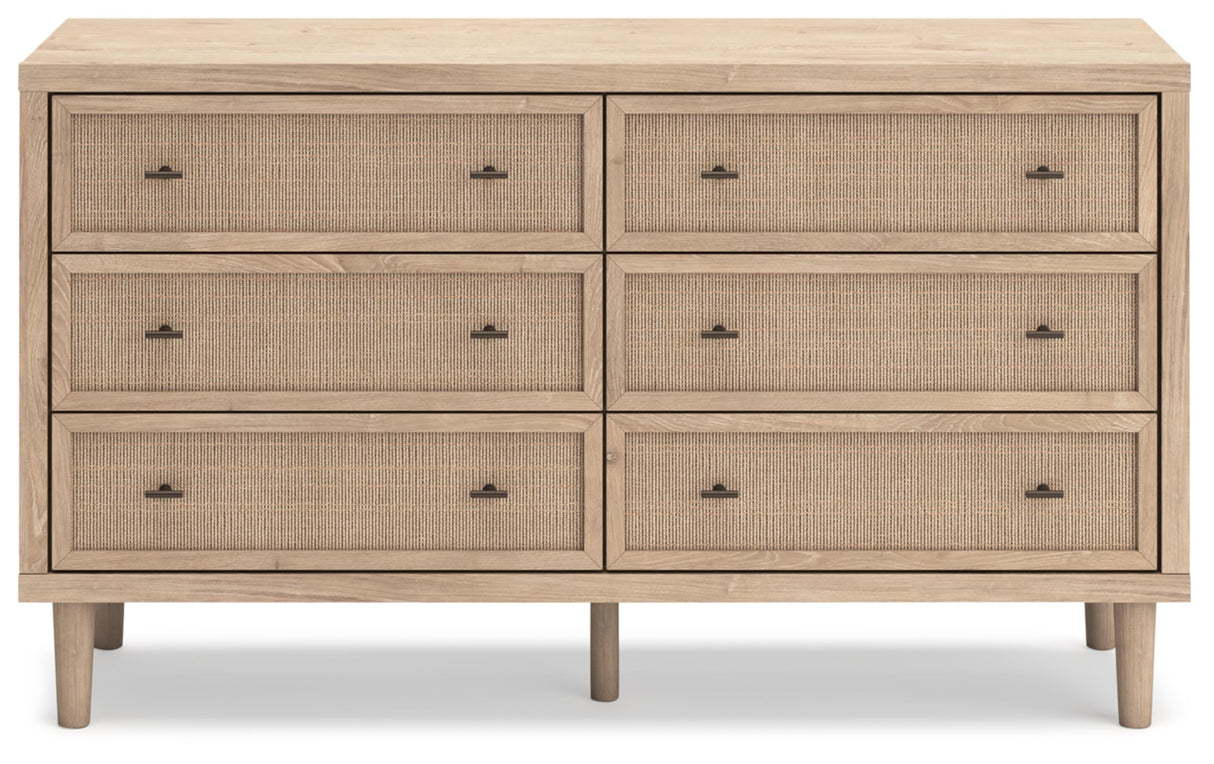 Signature Design by Ashley Cielden Coastal 6-Drawer Dresser with Safety Stop and Textured Cane Details, Light Brown