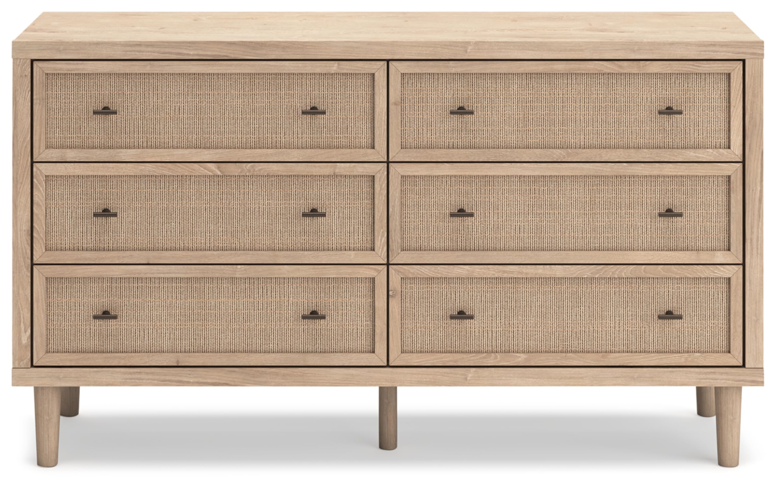 Signature Design by Ashley Cielden Coastal 6-Drawer Dresser with Safety Stop and Textured Cane Details, Light Brown