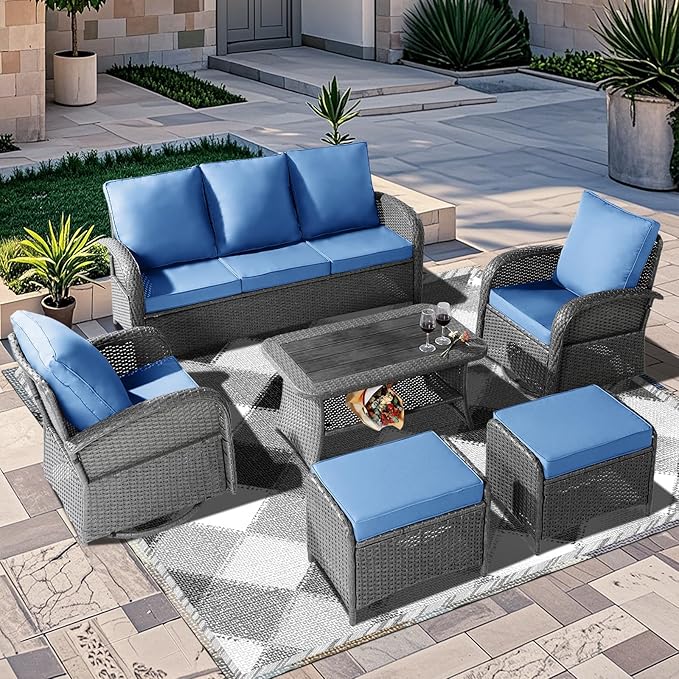 6 Pieces Patio Furniture Set with Swivel Chairs, All Weather Outdoor Rattan Conversation