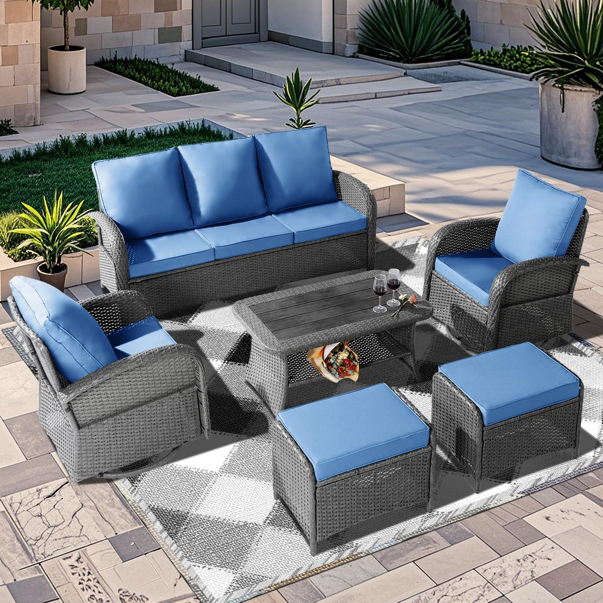 6 Pieces Patio Furniture Set with Swivel Chairs, All Weather Outdoor Rattan Conversation